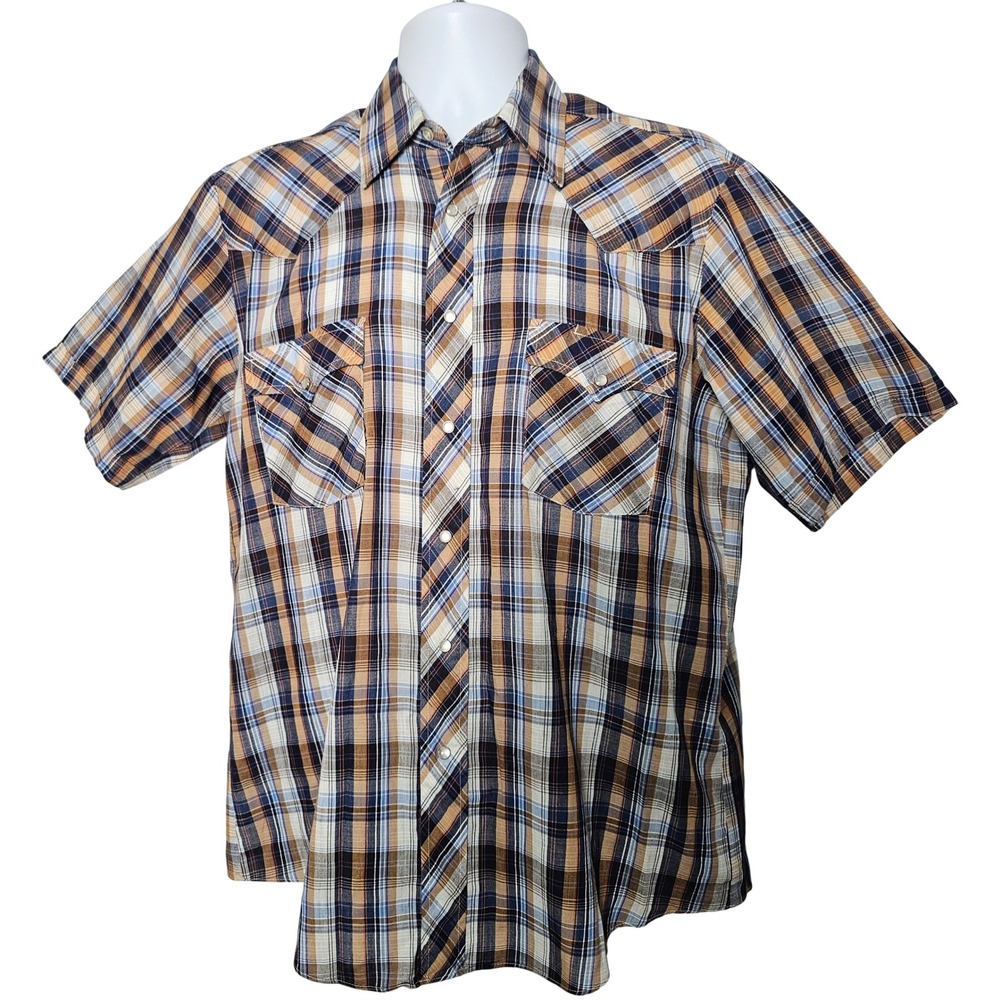 Texson Mens Pearl Snap Western Shirt 16.5 Short Sleeve Plaid Brown Blue Vintage